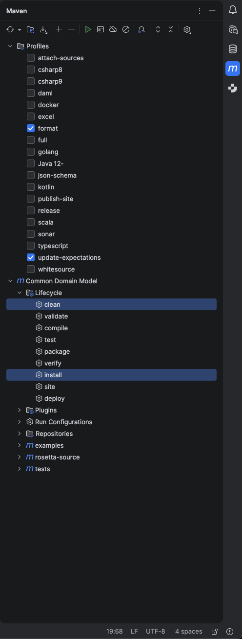 Maven tool window in IntelliJ IDEA, showing the format and update-expectations profiles ticked and the clean and install lifecycle phases selected